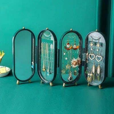 Lightweight Acrylic Jewelry Organizer Box with Mirror, Foldable Display Design, 4-Sided Storage, Green