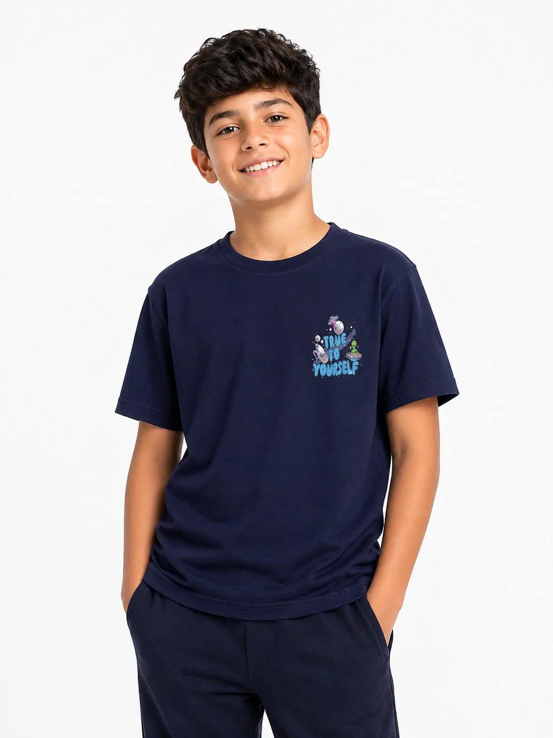 CAESAR Boys' Stylish Lycra Short-Sleeved T-Shirt with Chest & Back Prints - Navy