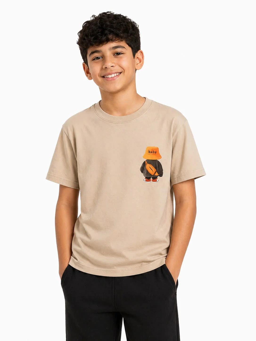 CAESAR Boys' Comfortable Lycra Short-Sleeved T-Shirt with Unique Chest & Back Prints - Beige