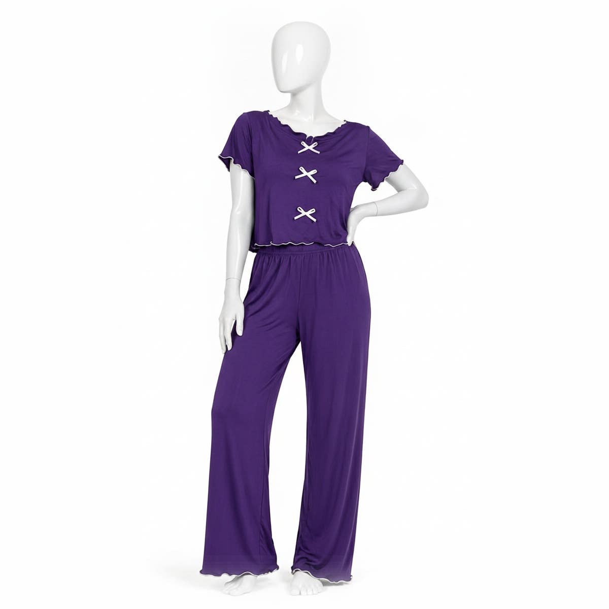 CAESAR Women's Soft Two-Piece Pajama Set with Bows - Purple