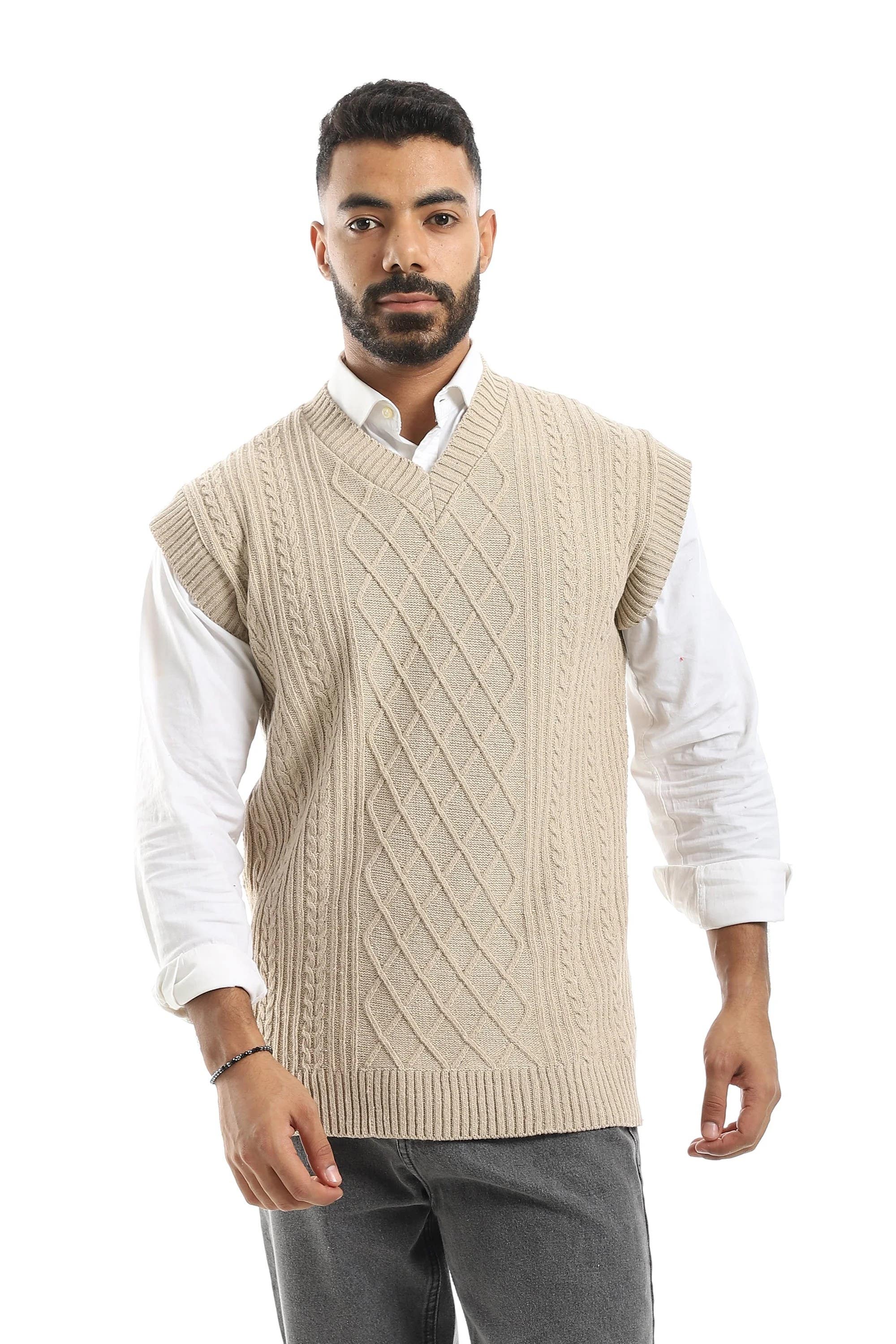 CAESAR Men's Wool V-Neck Vest - Classic Cut Casual Wear Beige
