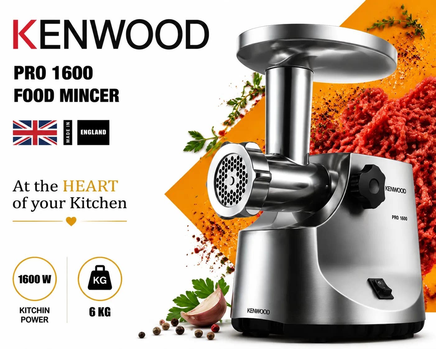 Kenwood PRO 1600 Electric Meat Grinder - 1600W, 6kg Capacity, Silver