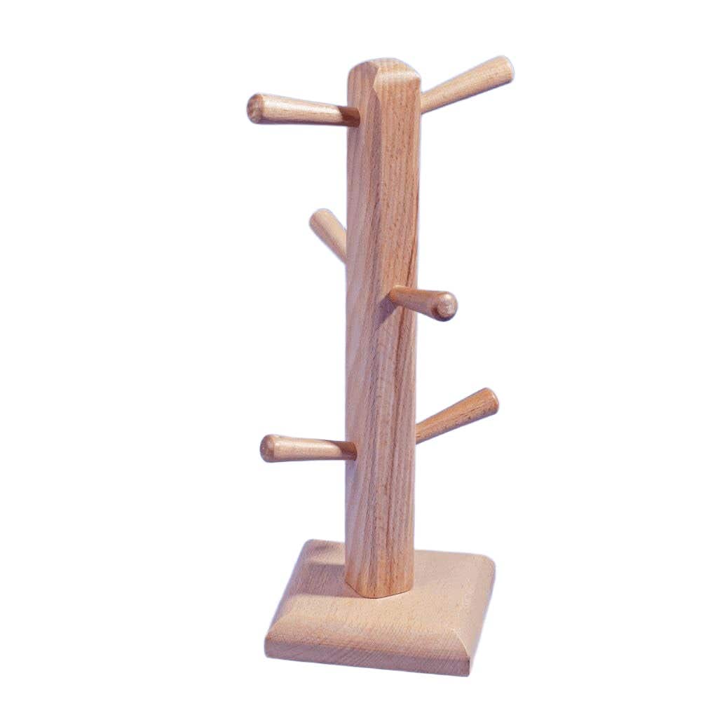 Natural Beech Wood Mug Holder with 6 Hooks - Elegant Kitchen Decor