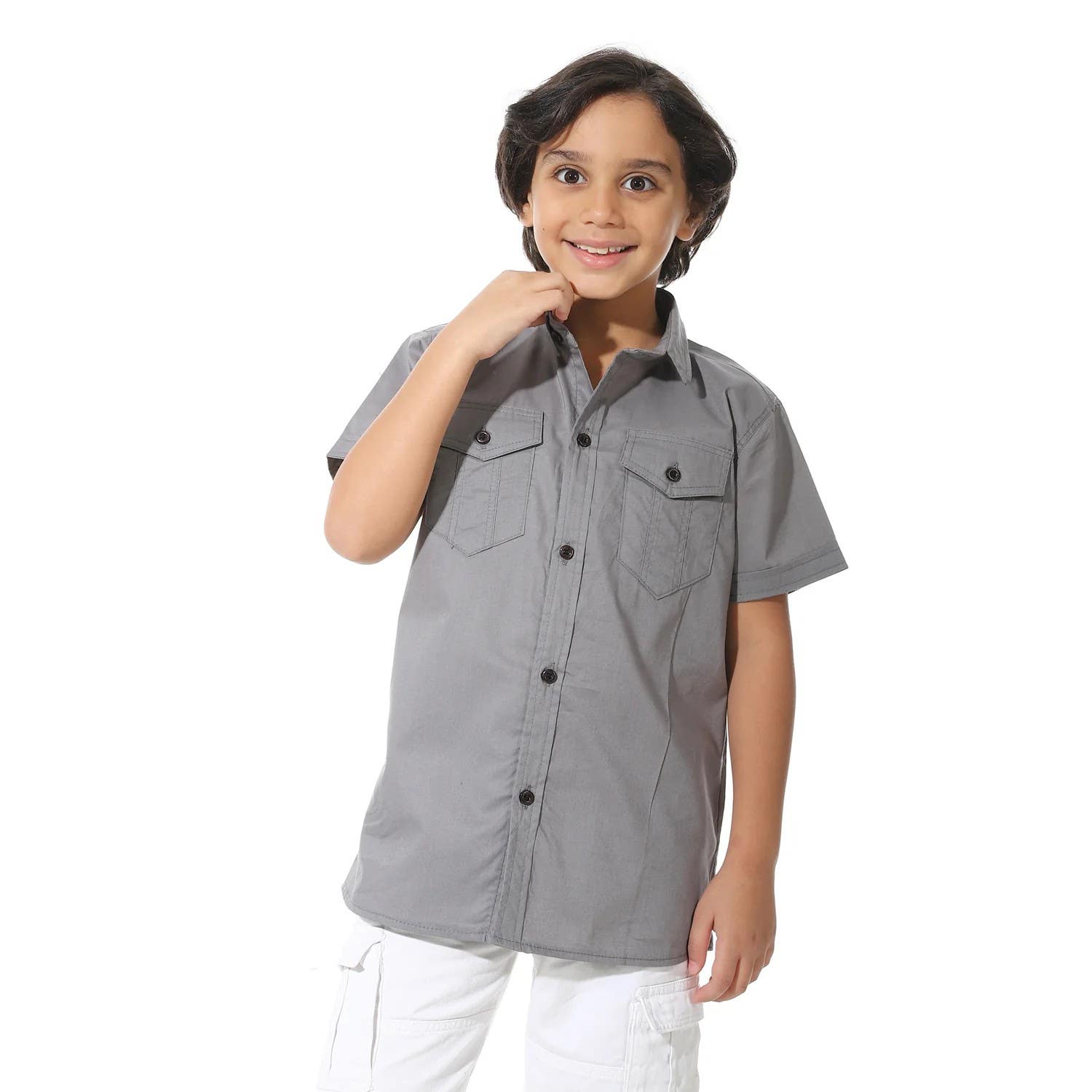 CAESAR Boys' Cotton Shirt with Front Pockets and Back Print - Grey