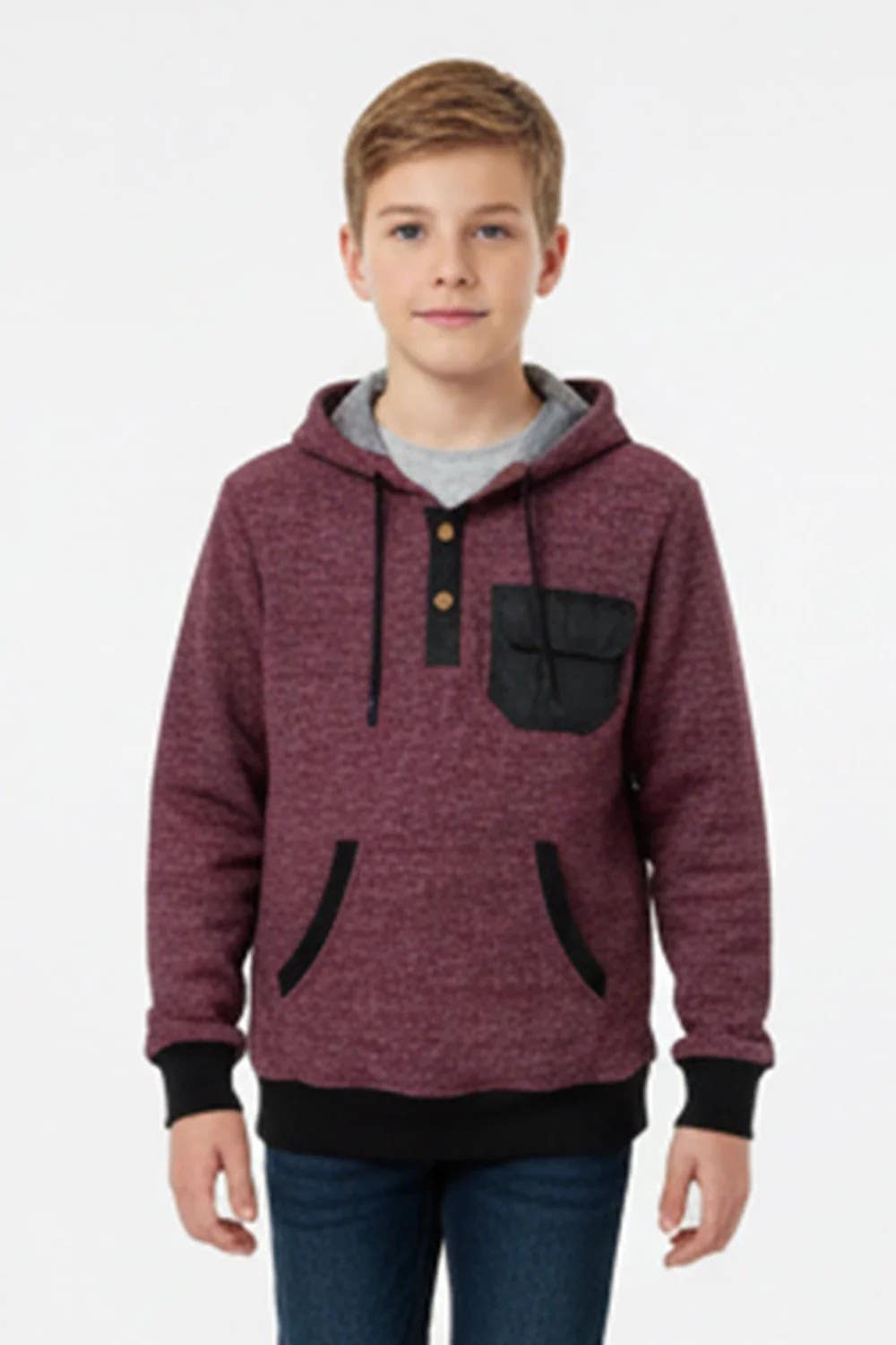 CAESAR Boys' Cotton Hoodie with Front Pockets - Burgundy, Size 6