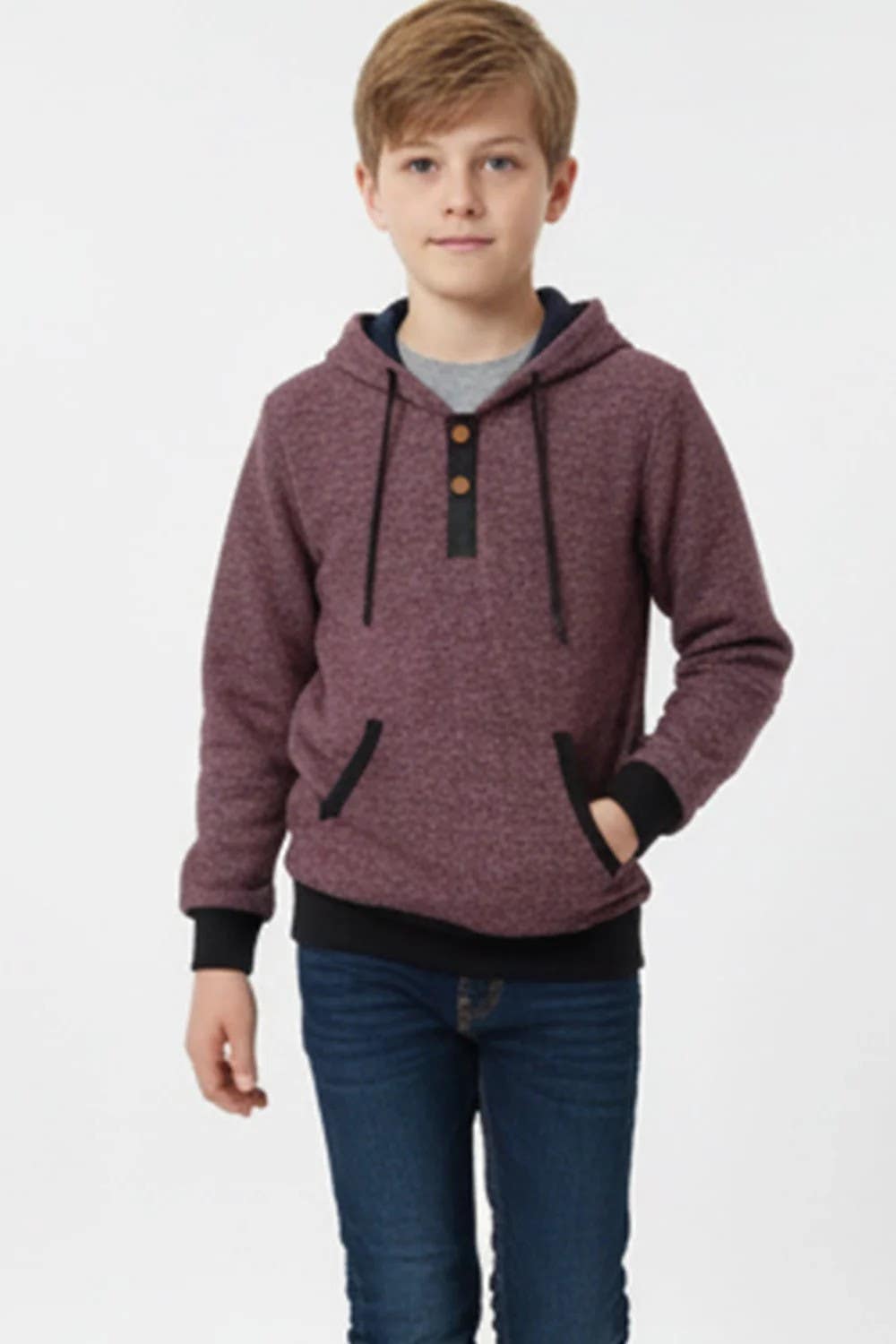CAESAR Boys' Cotton Hoodie with Front Pockets - burgundy, Youth Sweatshirt