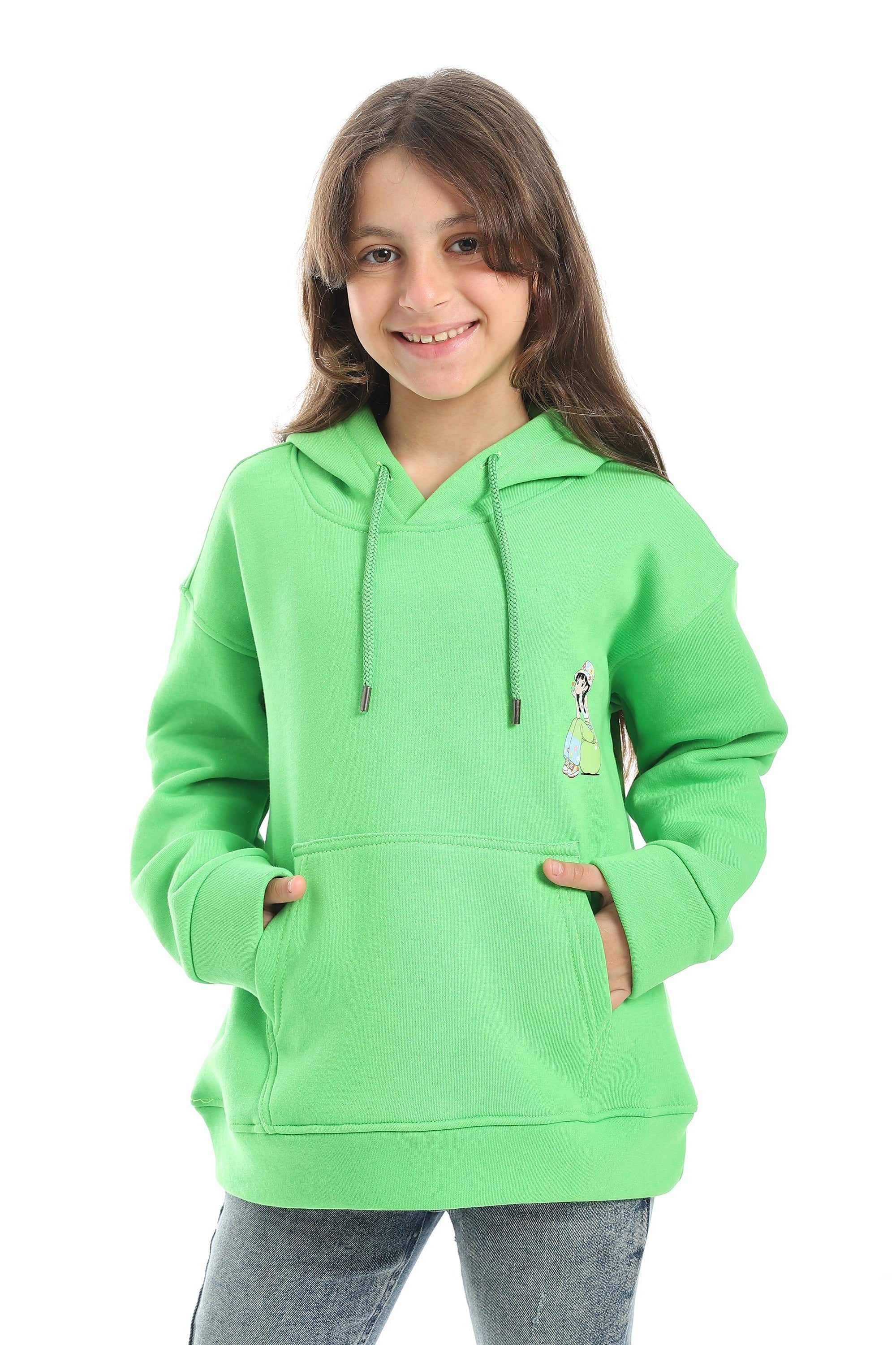 CAESAR Girl's Cotton Hoodie with Front Pockets - green, Size 6