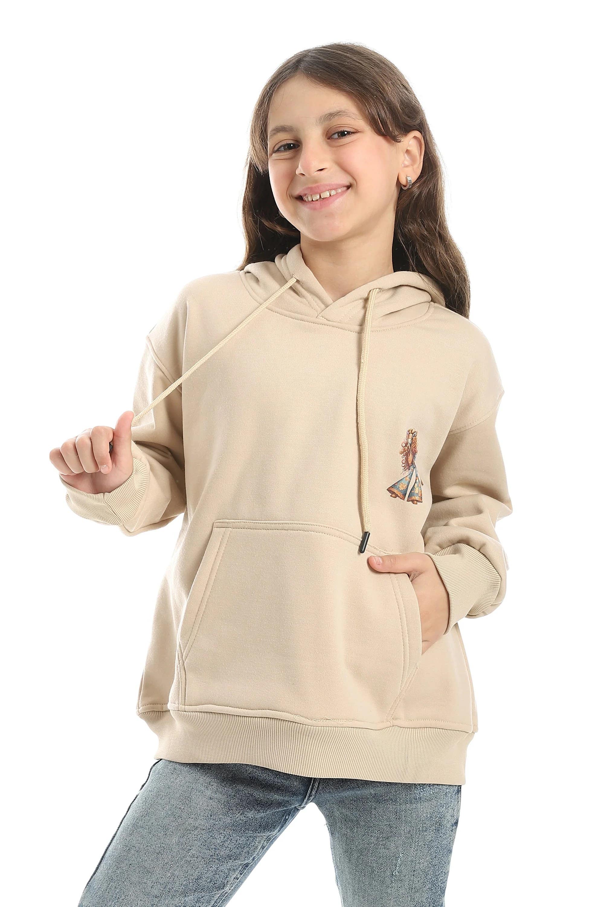 CAESAR Girl's Cotton Hoodie with Front Pockets - Beige, Size 6