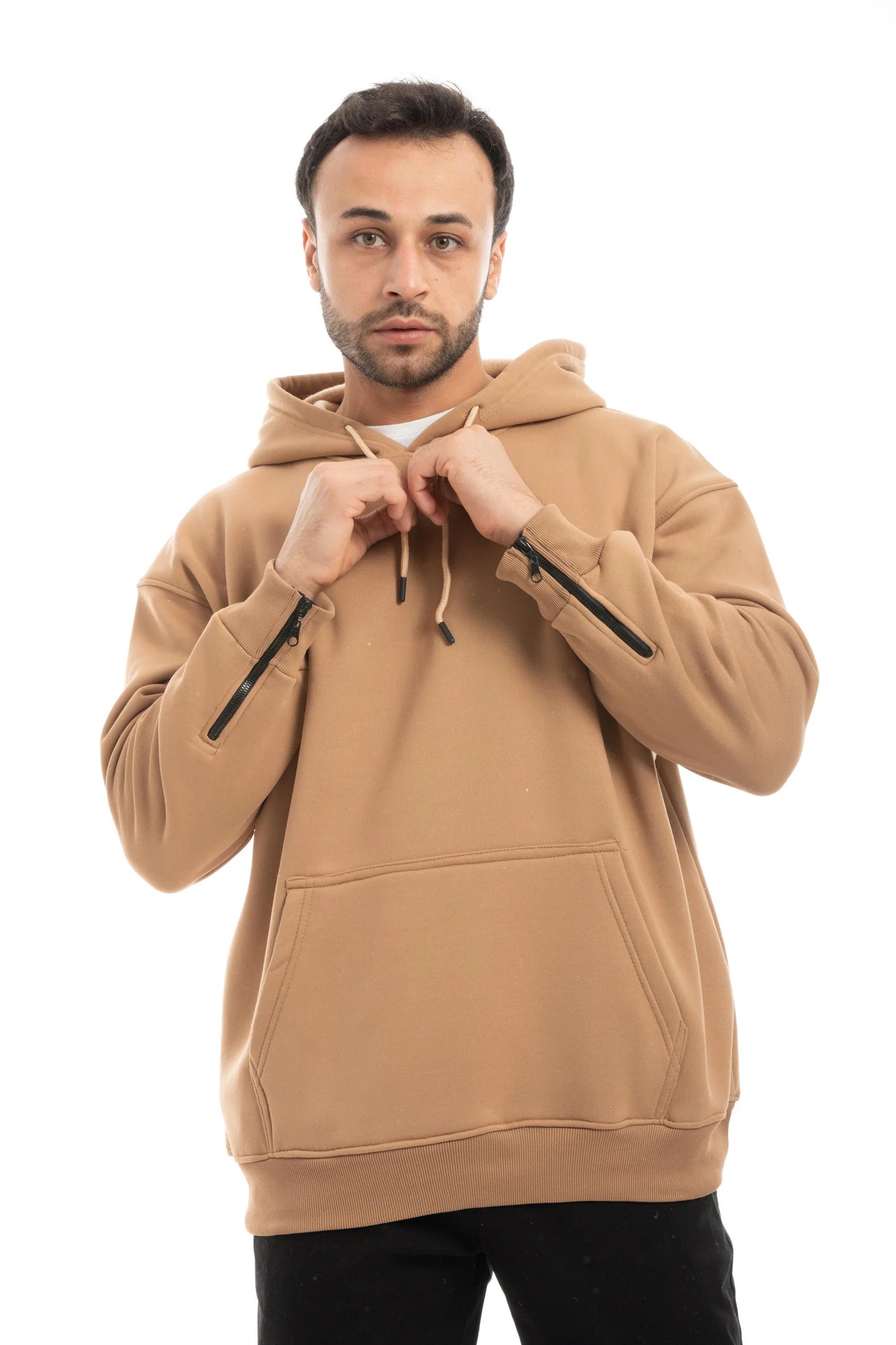 CAESAR Men's Oversize Cotton Hoodie with Zipper Sleeves - Dark Beige