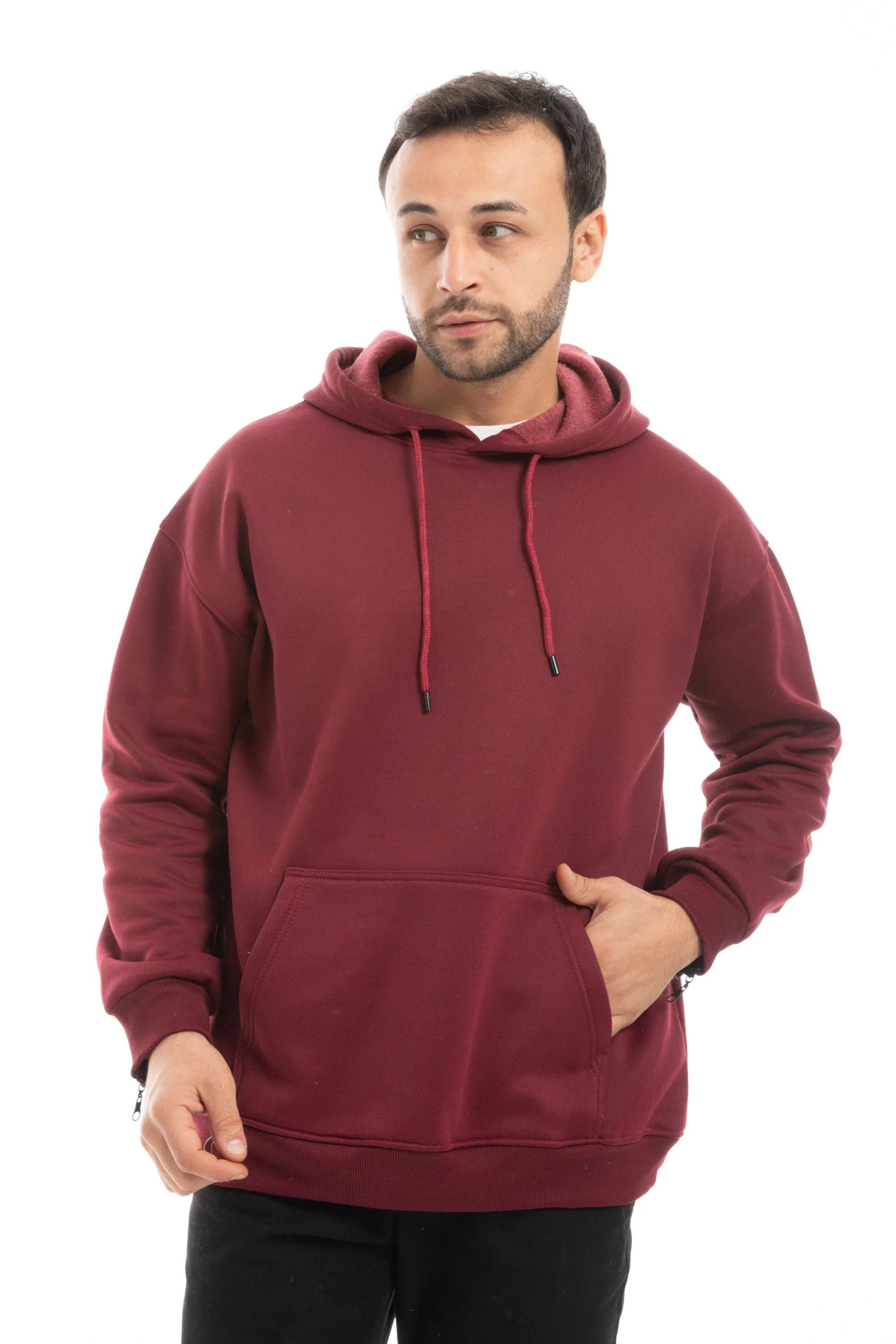 CAESAR Men's Oversize Cotton Hoodie with Zipper Sleeves - Burgundy
