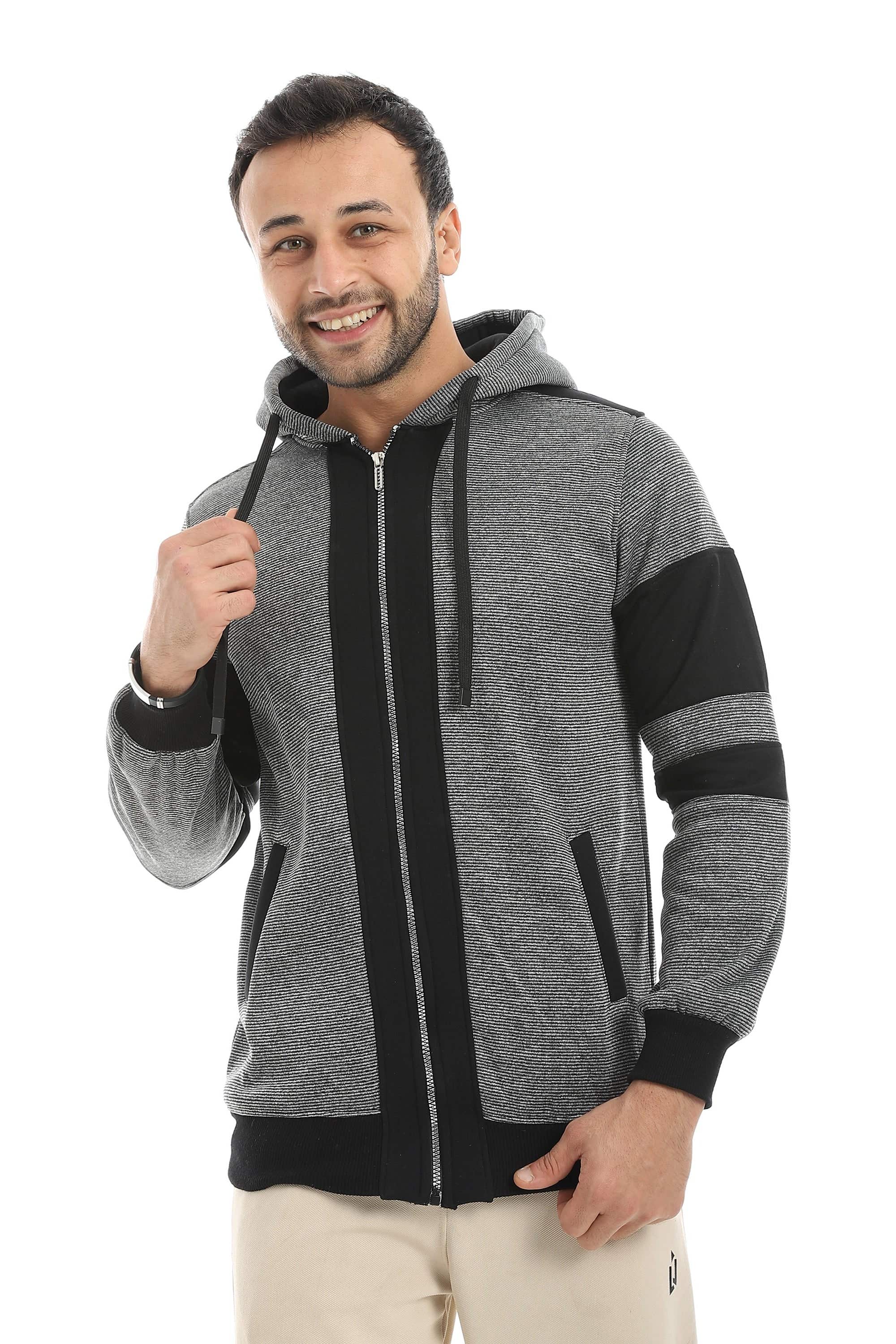 CAESAR Men's Cotton Sweatshirt with Hidden Pockets - Grey Black - Winter Hoodie