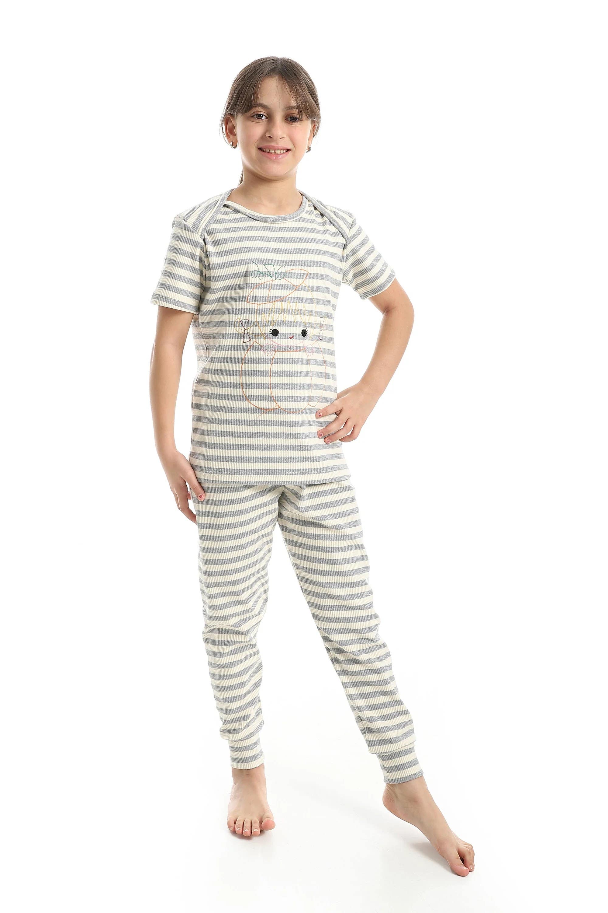 CAESAR Girls' Cotton Pajamas with Striped Design - multicolor