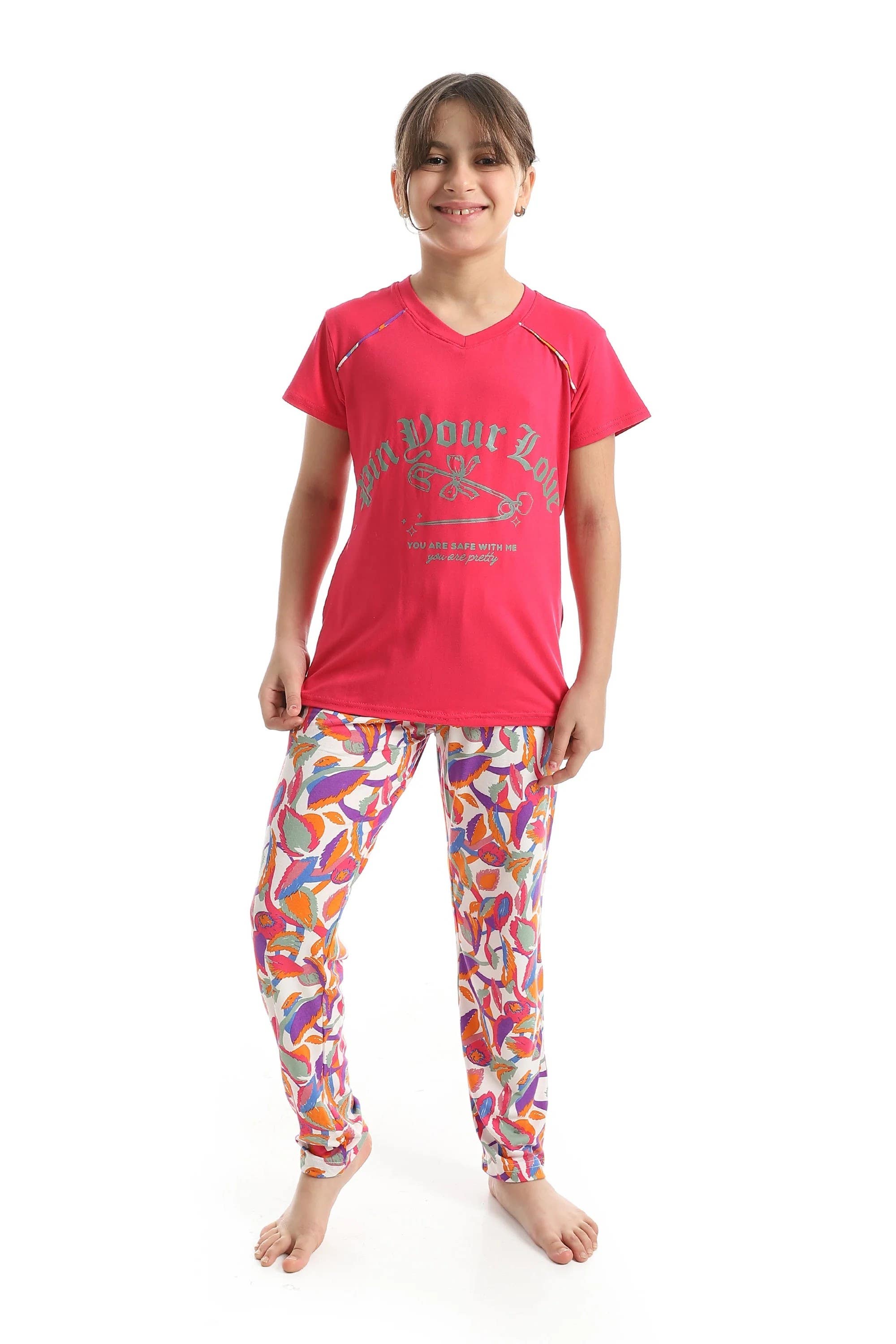 CAESAR Girls' Cotton Summer Pajamas with Chest Prints multicolor