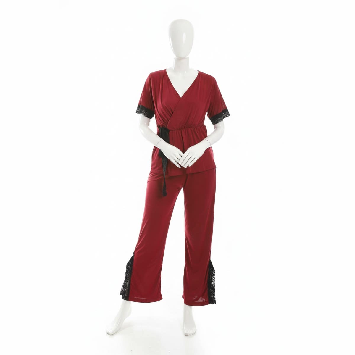 CAESAR Women's Two-Piece Pajamas with Belt - Burgundy