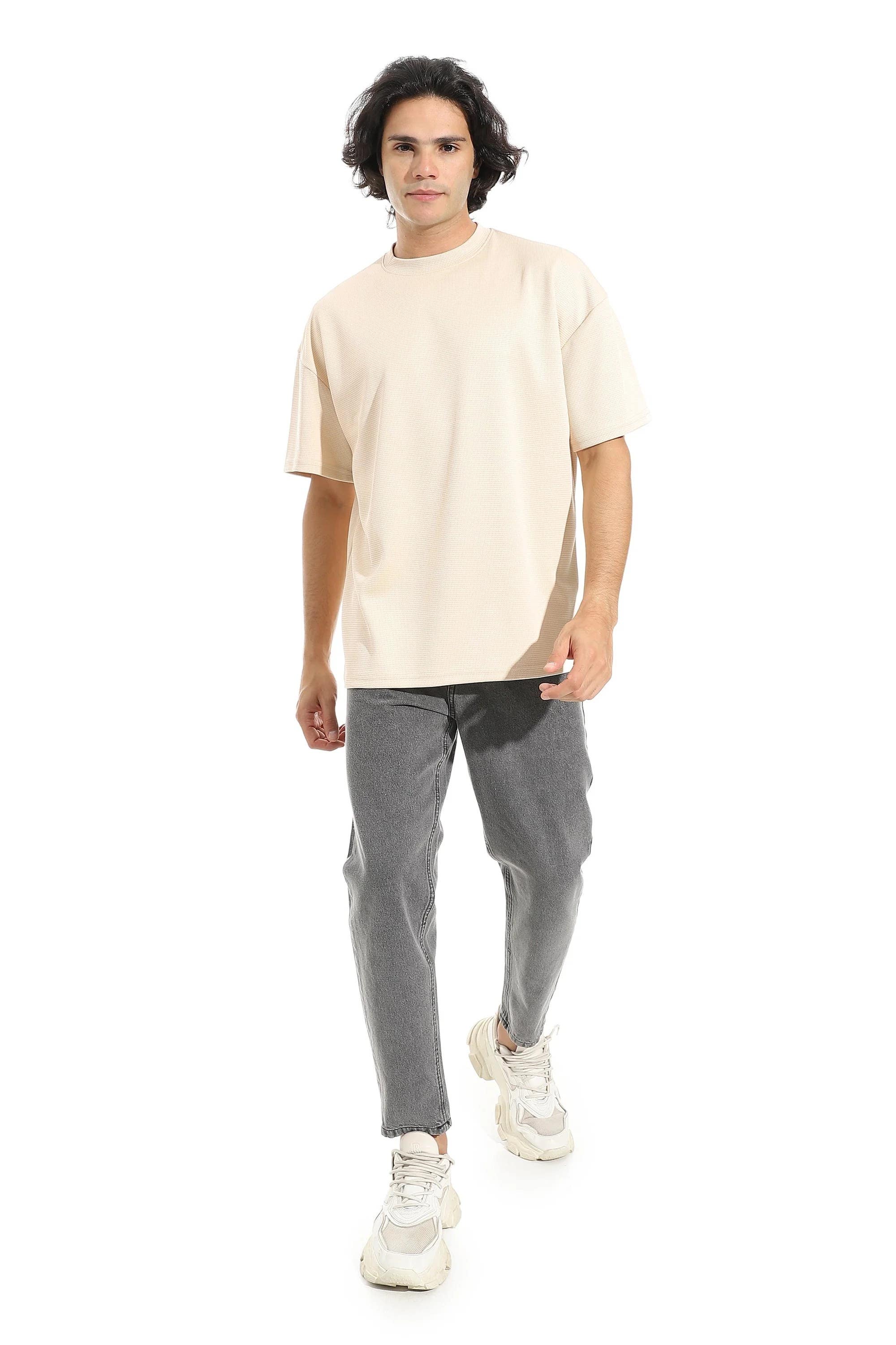 CAESAR Men's Oversized Round Neck Plain T-shirt - Beige
