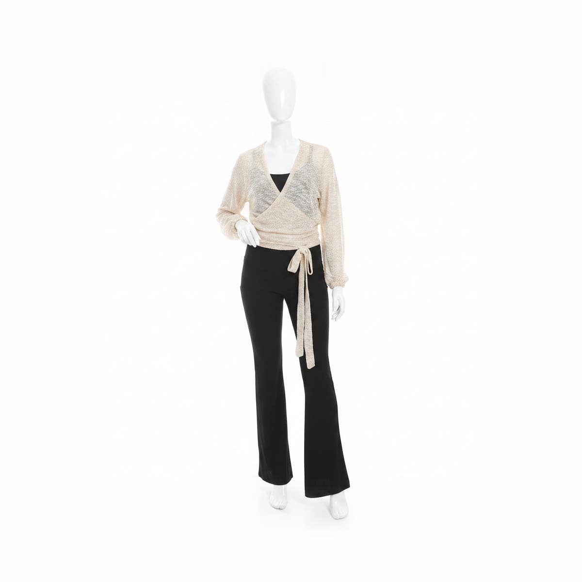 CAESAR Women's Cotton Wrap Blouse with Belt - Beige, Long Sleeve