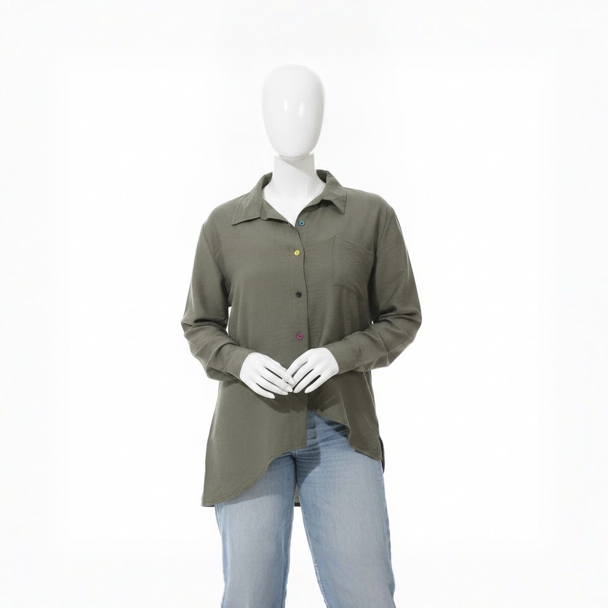 CAESAR Women's Linen Shirt with Round Back and Colorful Buttons - Dark Green