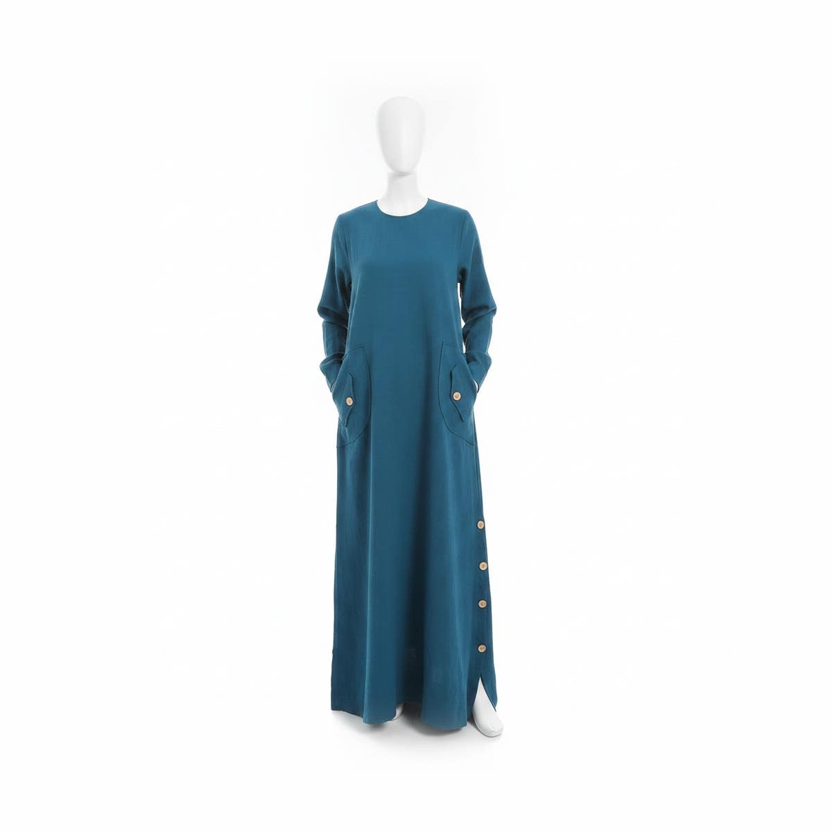 Women's Dark Green Linen Abaya with Side Buttons - Long Sleeve Casual Dress