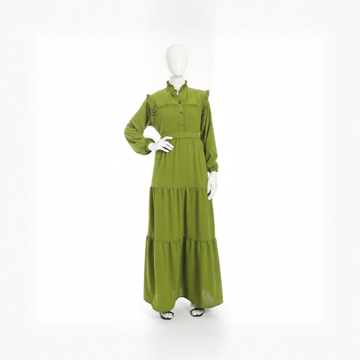 CAESAR Women's Linen Dress with Belt, Long Sleeves - Green