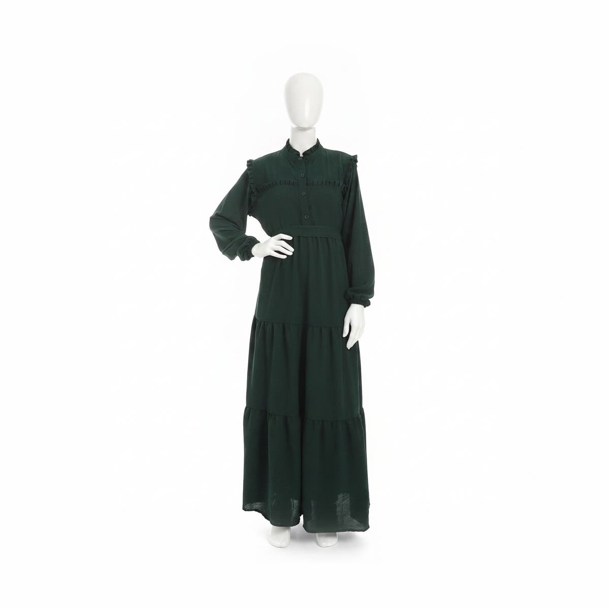 CAESAR Women's Linen Dress with Waist Belt and Long Sleeves - Dark Green
