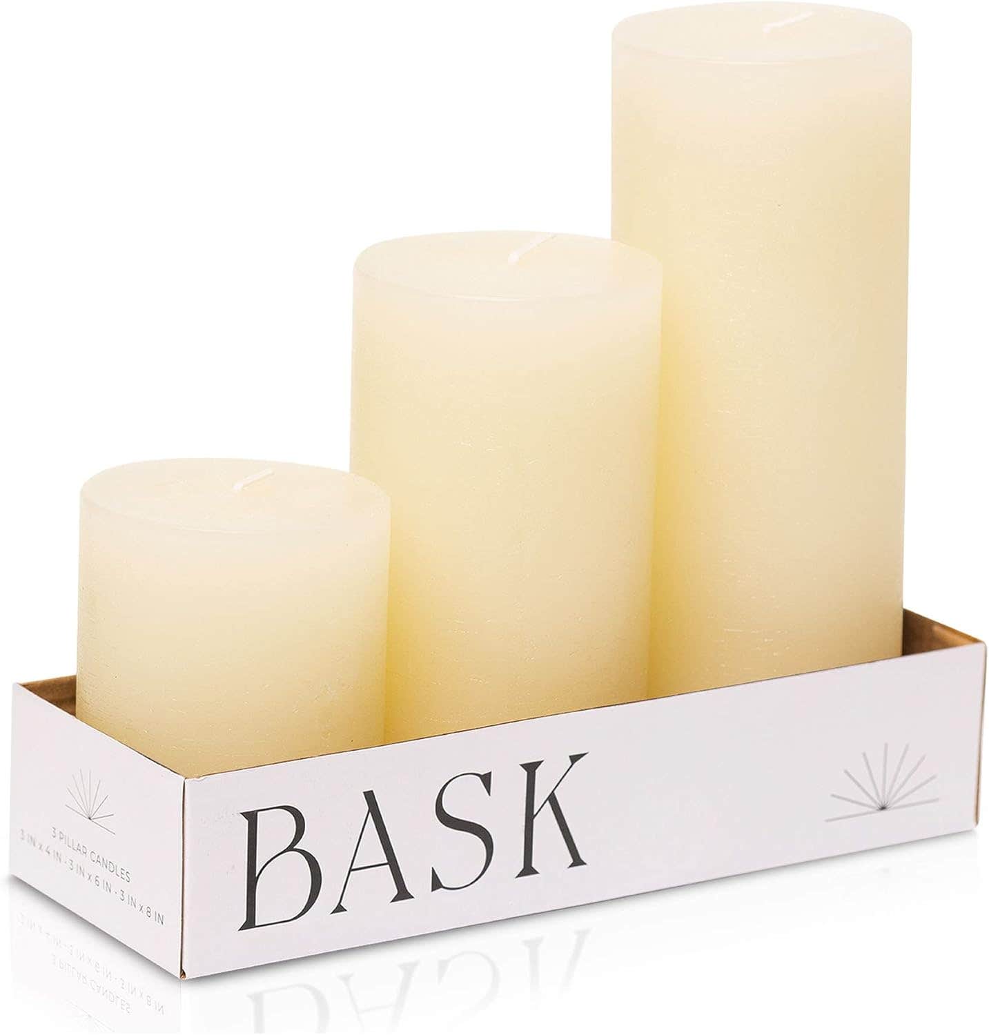 Bask Mottled Pillar Candles - Set of 3 - 3" x 4", 6", and 8" Dripless Unscented Candles in Ivory for Home Decor, Relaxation & All Occasions