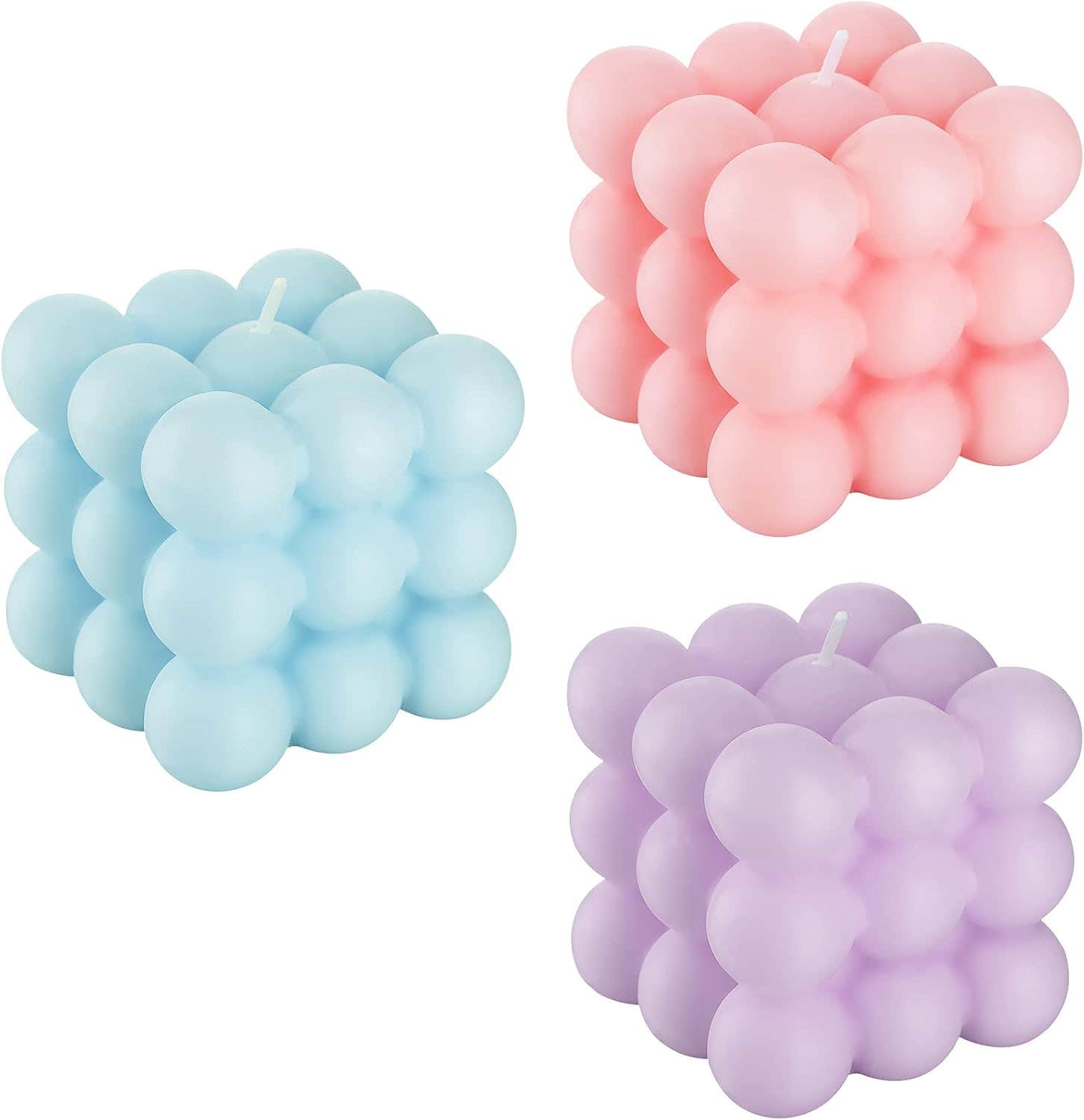 Nuanchu Bubble Cube Wax Candles Set - Scented Handmade Decorative Home Decor - Blue Purple Pink