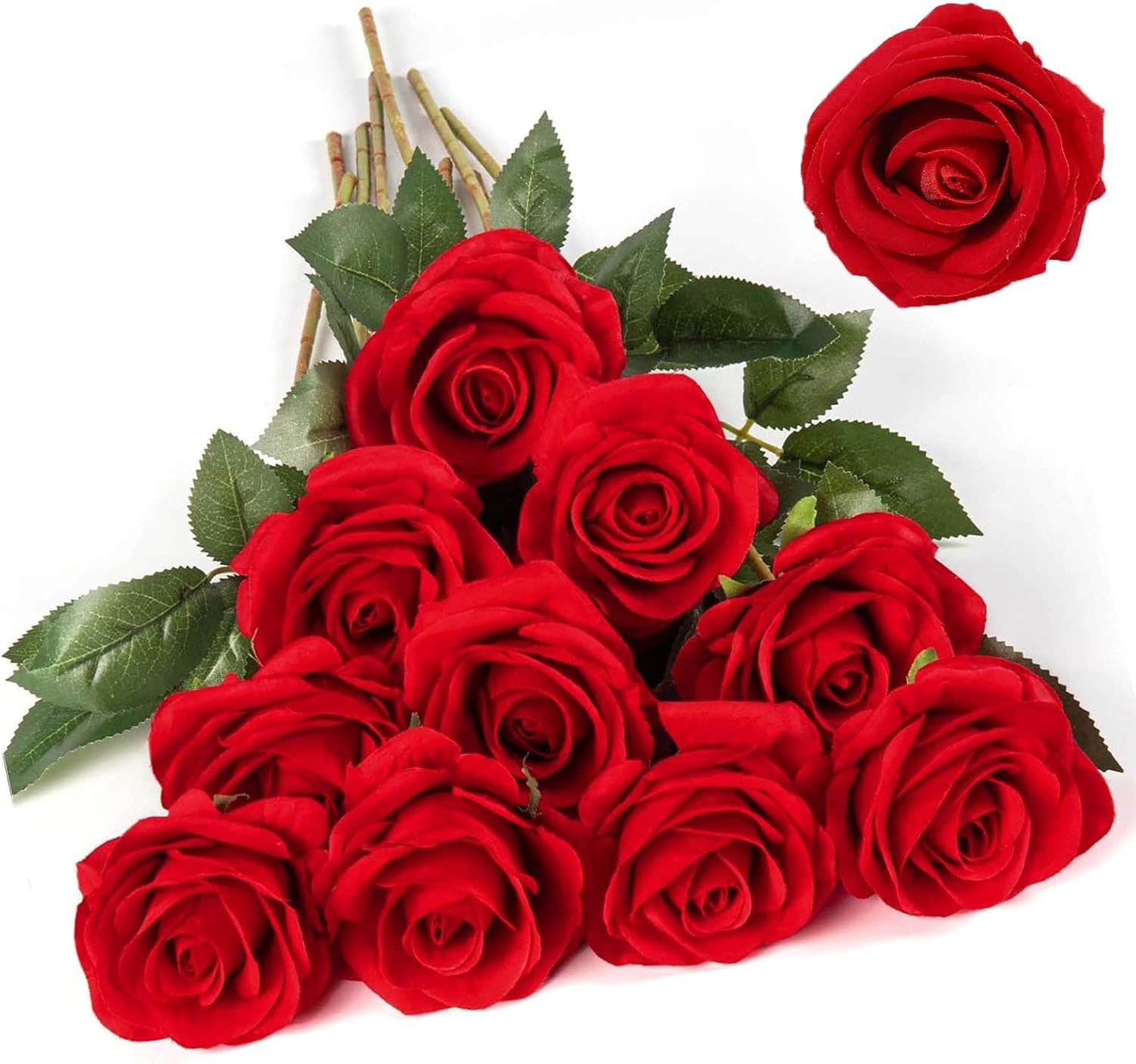 EnixwH Bright Red Artificial Roses Bouquet, 12-Pack, 52 cm