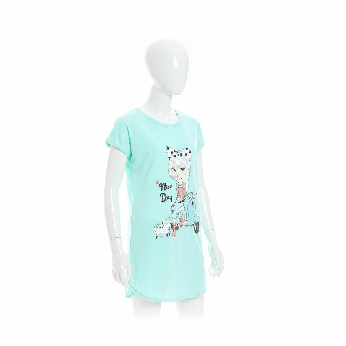 Girls' Cotton Sleep Shirt with Chest Prints - Aqua Green