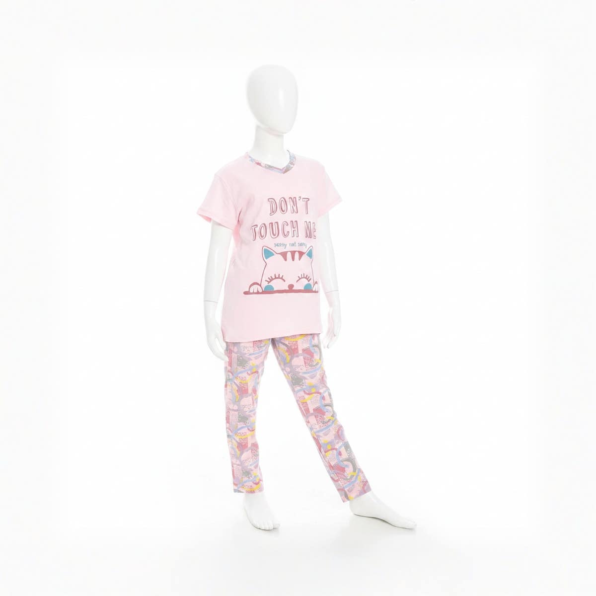 Girls' Cotton Pajama Set with Round Neck - Comfortable Home Wear