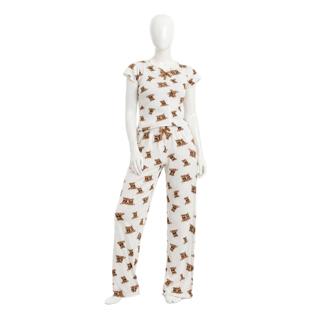 Women's patterned two-piece pajama set consisting of a short-sleeved t-shirt and pants