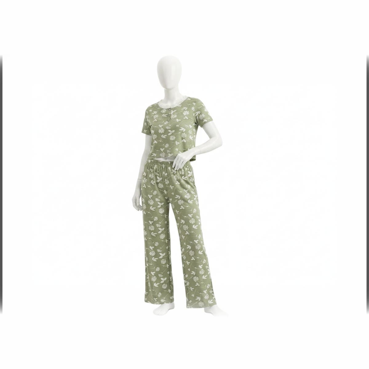 Women's patterned two-piece pajama set consisting of a short-sleeved t-shirt and pants