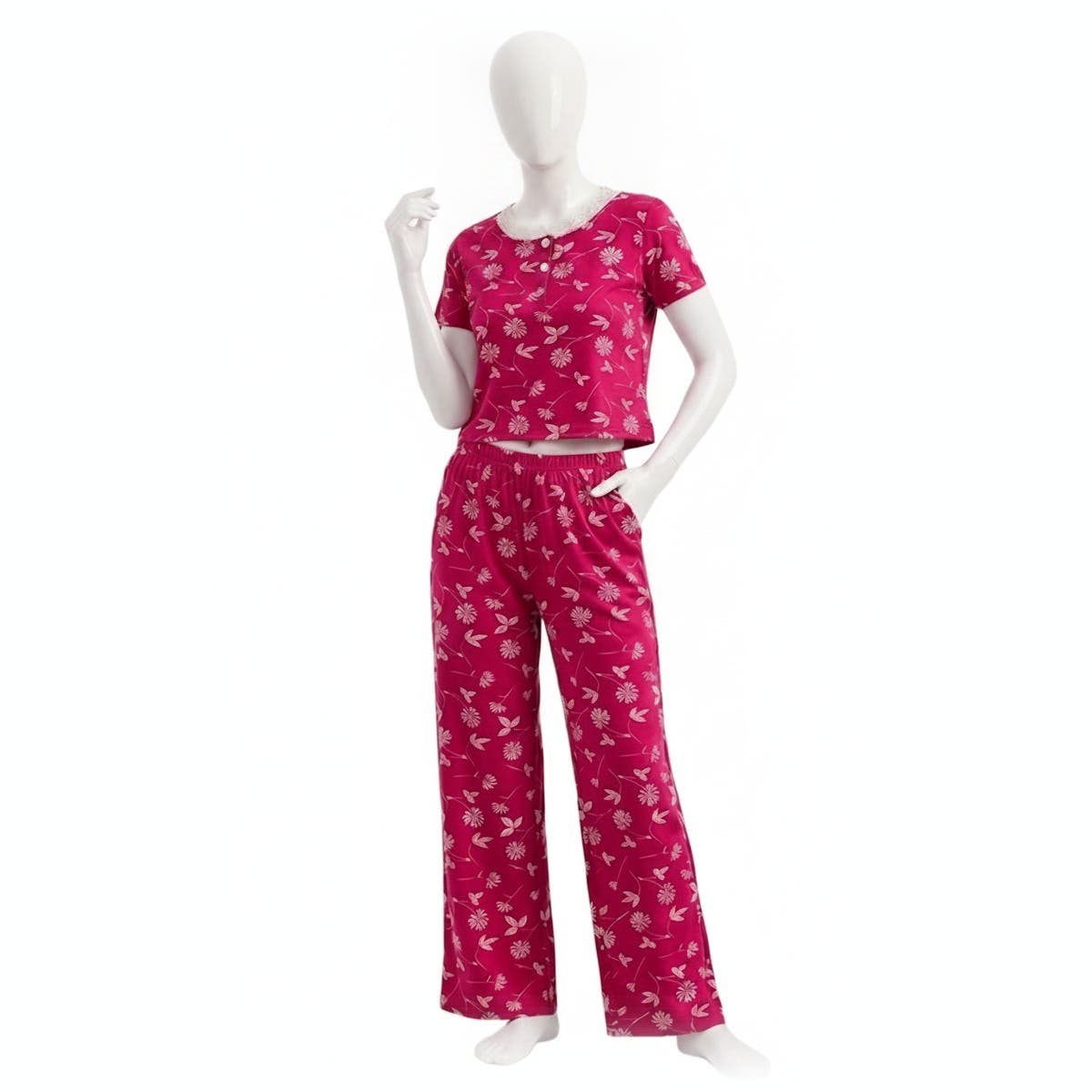Women's patterned two-piece pajama set consisting of a short-sleeved t-shirt and pants