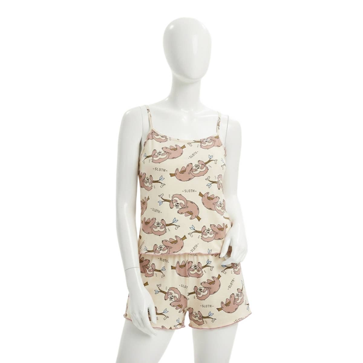 Women's top and shorts with a sloth print