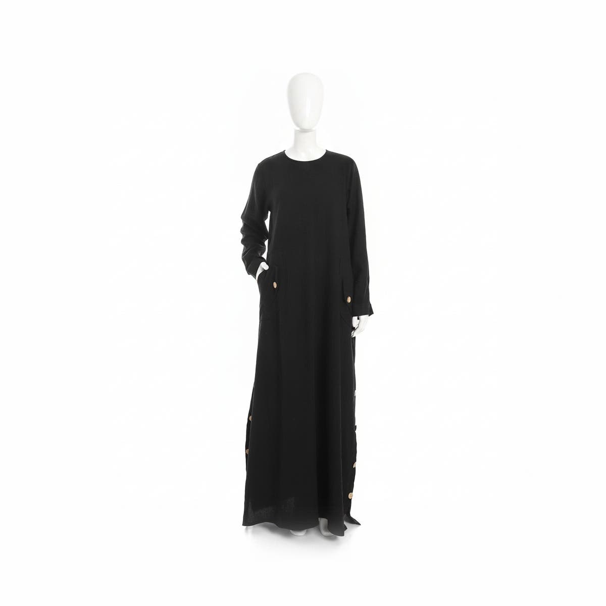 Women's linen abaya with long sleeves and buttons on the sides