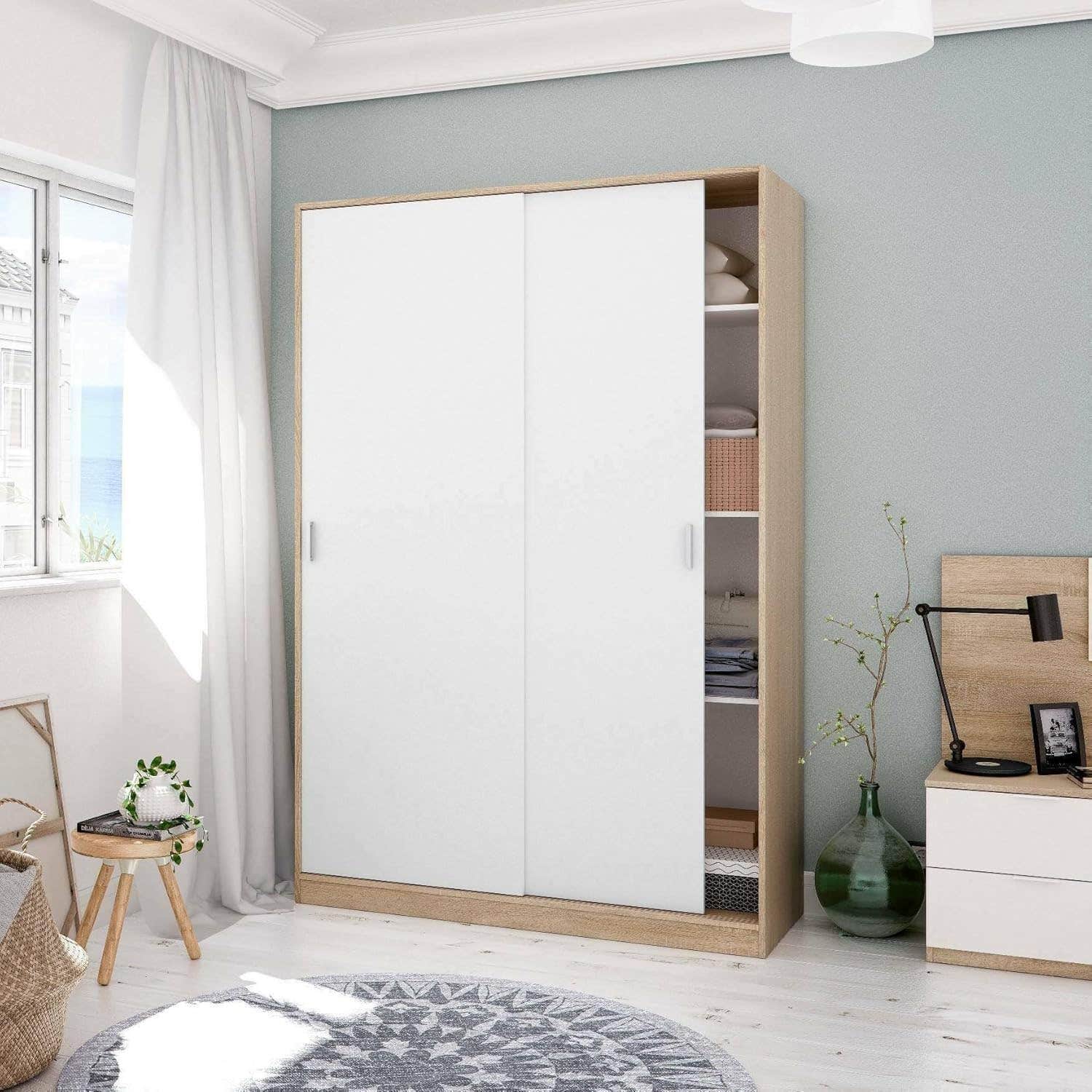 Dmora Wardrobe with Two Sliding Doors and Three Shelves, Oak and Glossy White, cm 120 x 50 x h200, Length 120 cm
