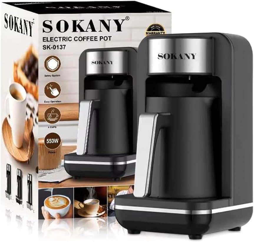 Sokany Turkish Coffee Maker 4 Cup Electric Pot 550W Auto Shut-Off Black