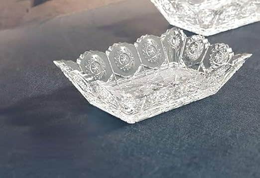 Rectangular crystal glass bowls, with a decorative bohemian design, set of 6 pieces.