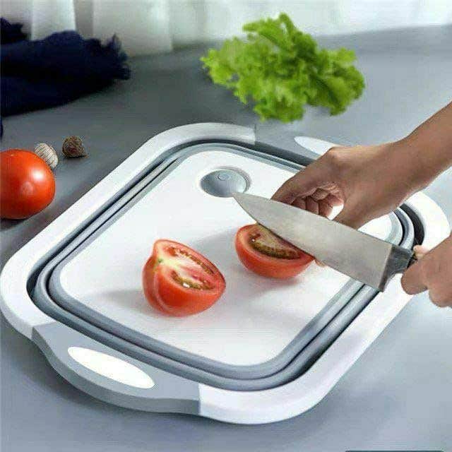 ORMH 2 in 1 Silicone Strainer Cutting Board with Strainer, Vegetable Cutting Board, Foldable Cutting Board, Silicone Cutting Board for Kitchen, Washing Vegetables and Fruits (Grey and White)