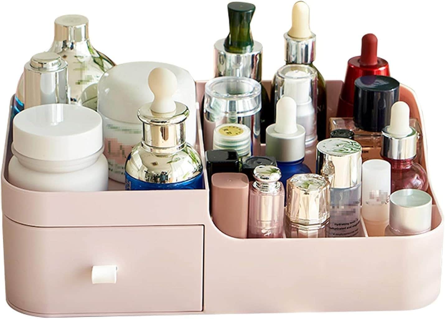 Spaceshoop Pink Plastic Cosmetic Storage Box Organizer with Drawer, 6 Compartments - Makeup, Jewelry, Office, Bathroom Organizer
