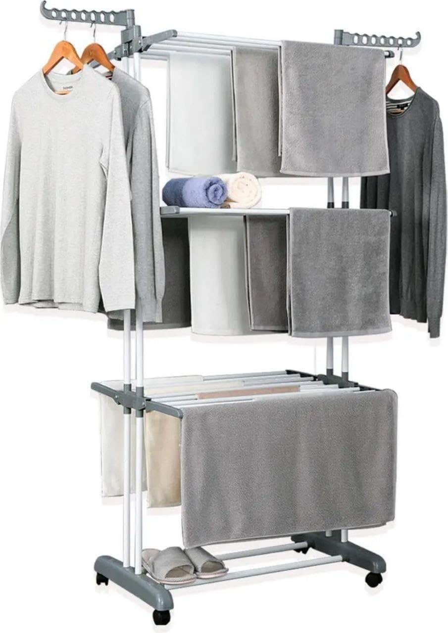 Clothes Drying Rack, 3-Tier Collapsible, Rolling, Stainless Laundry Dryer Hanger with Casters for Indoor (Gray)(Plastic)