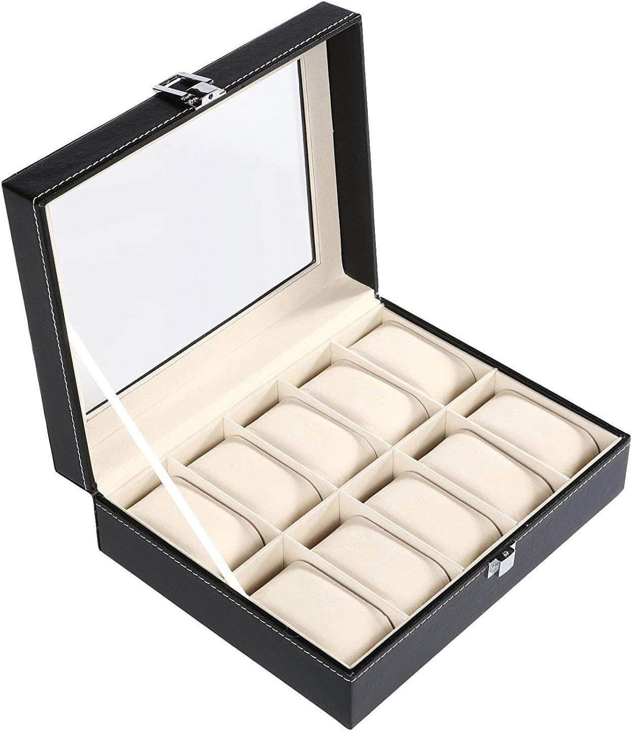 Leather Watch Display Case Jewelry Organizer with Glass Top Window (10 Compartments) Size:(35 * 20)
