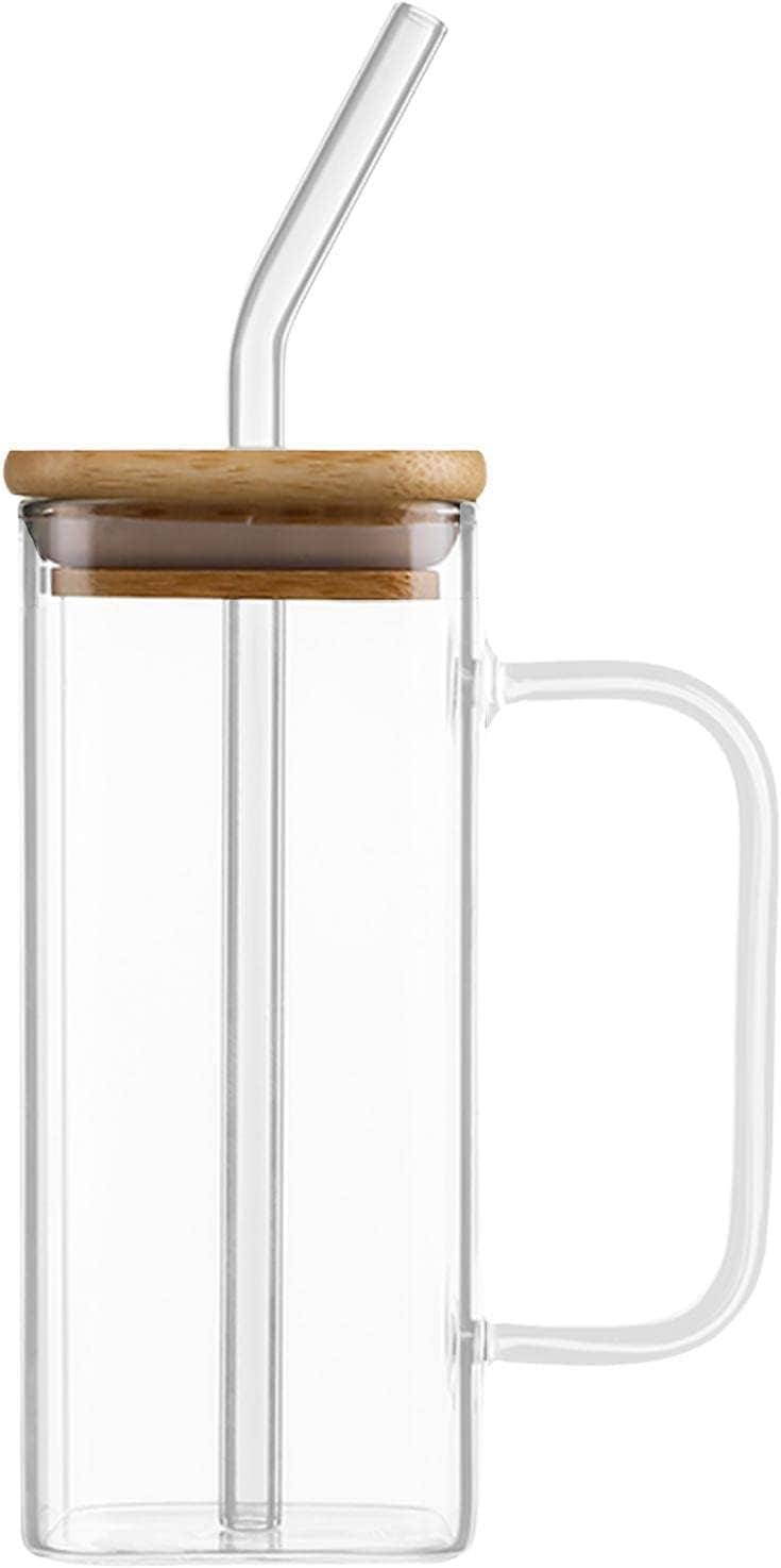 Glass Mug, with Handle and Wooden Lid, Glass Drinking Glass,Square Drinking Glass,for Juice Milk Party and Travel.