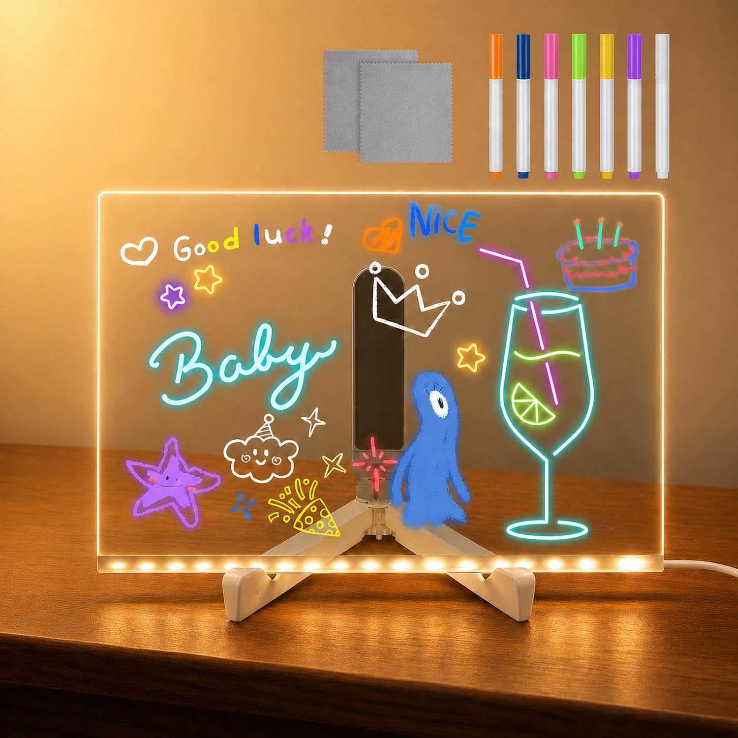 ACMHNC LED Note Board for Children, Double Sided Painting Board with Neon Pens