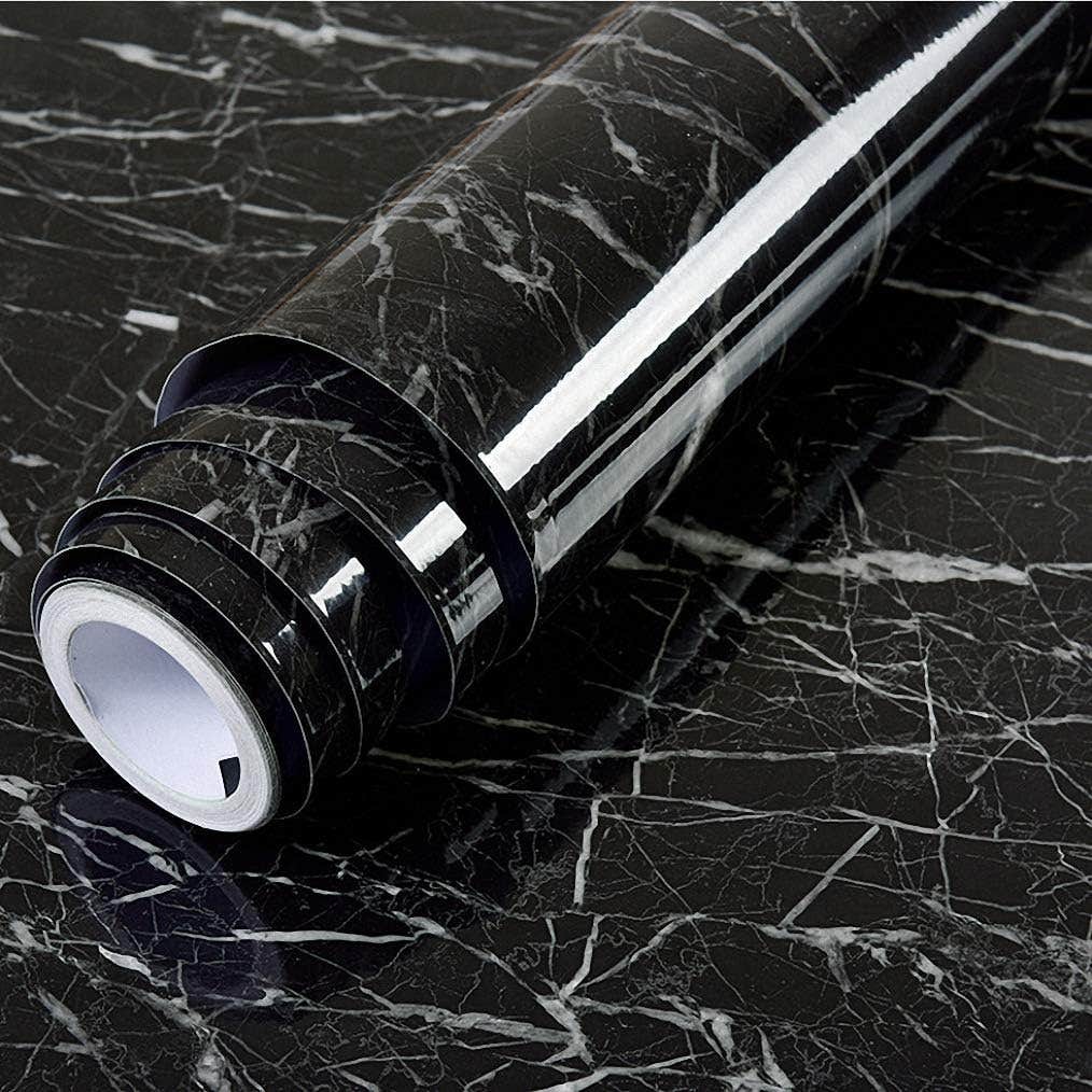Marble Wallpaper Large Self Adhesive Vinyl, Sticky Back Plastic Roll, 24inÃ—16.4ft, Waterproof Heat Resistance Extra Thickness Furniture Renovation Sticker Paper for Kitchen Worktops etc (Black)