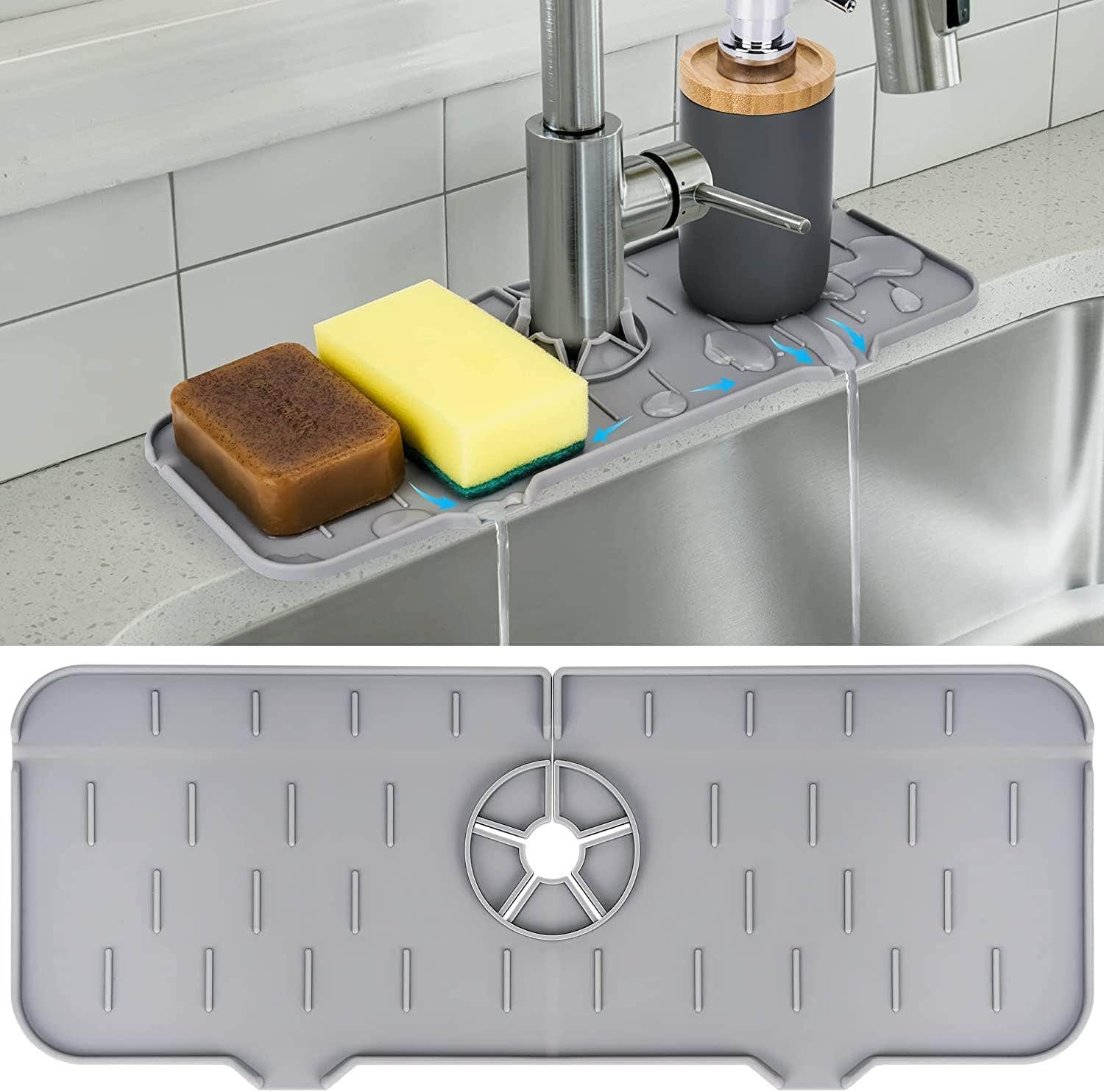 SXhyf Silicone Kitchen Sink Splash Guard - 18" Faucet Drip Catcher Tray - Gray