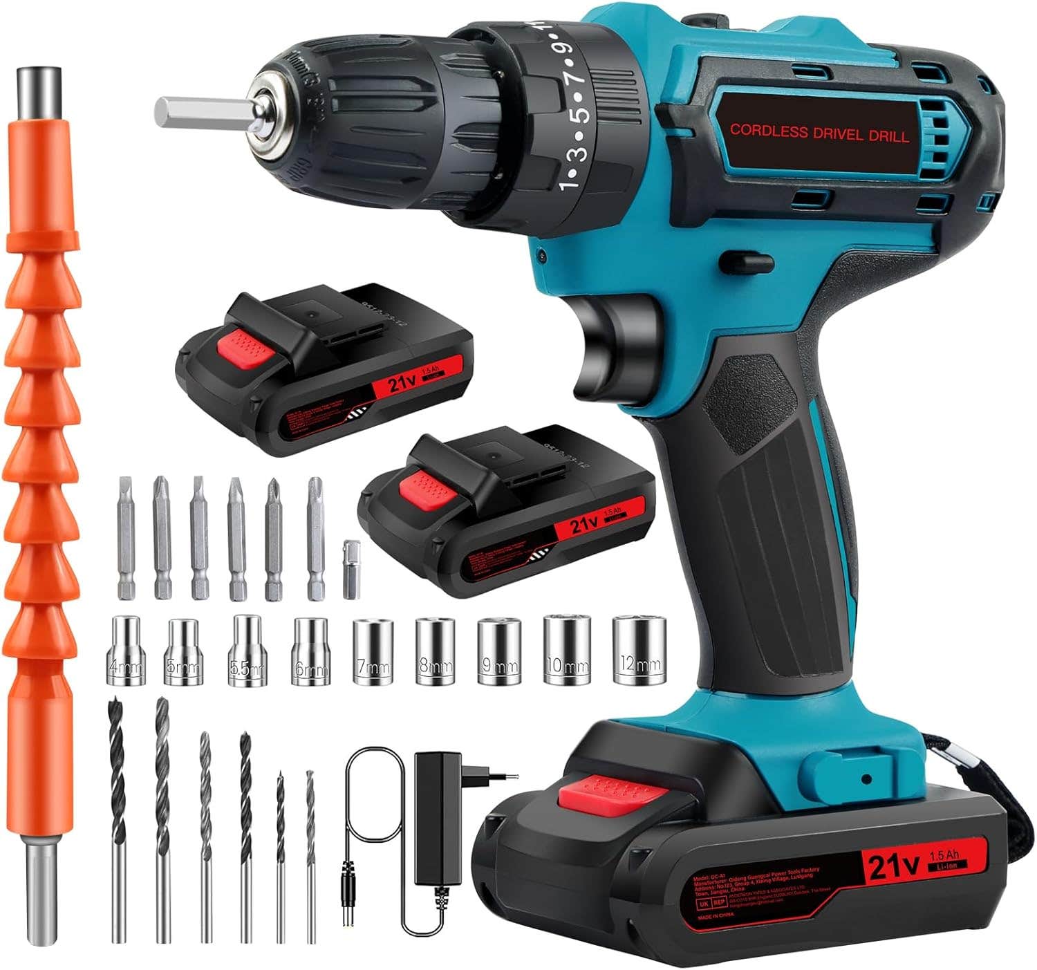 Tsebugap 21V Cordless Battery Hammer Drill with 2 Batteries & 24 Accessories