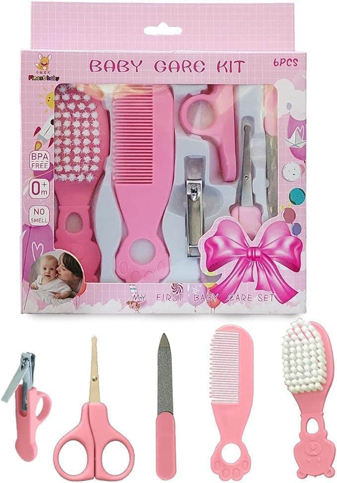 Newborn Baby Grooming Kit 6-Piece Set - Nail Clippers, Scissors, Hairbrush - Pink