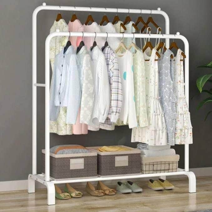 Luxer Multi-Purpose Metal Clothes Rack One Piece with Bottom Shelf/Coat Hanger & Jacket for Home Bedroom Storage Organizer - Unique Display Stand (white/ 150x110x40cm)