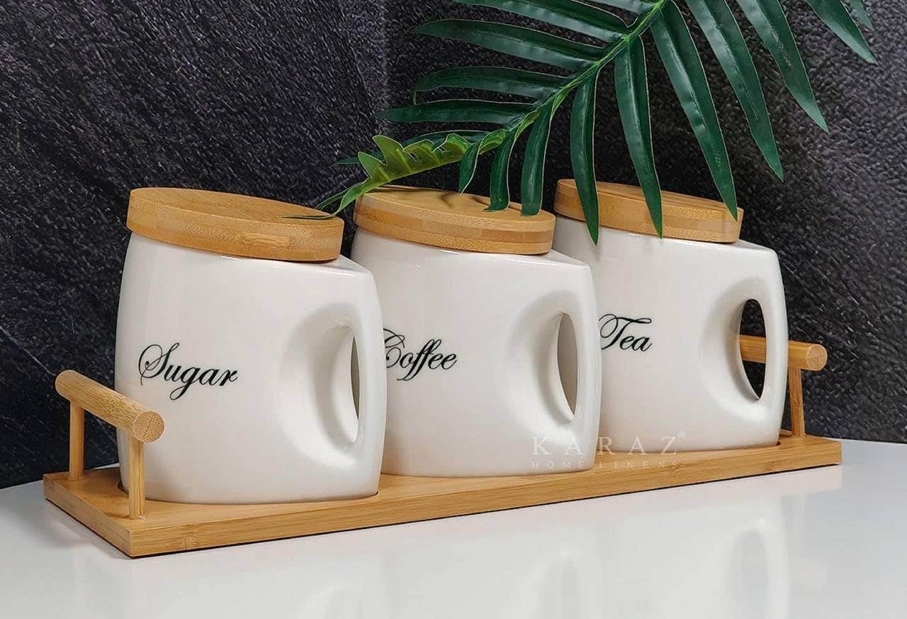Porcelain Tea Coffee and Sugar Container Set with Bamboo Airtight Lids and Bamboo Tray (750ml)