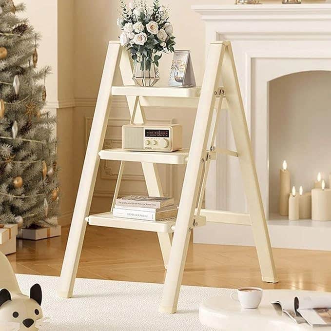 Household 4 Step Folding Ladder | Space Saving Design 5cm Thick When Folded | Safe and Stable | Suitable for Kitchen and Office